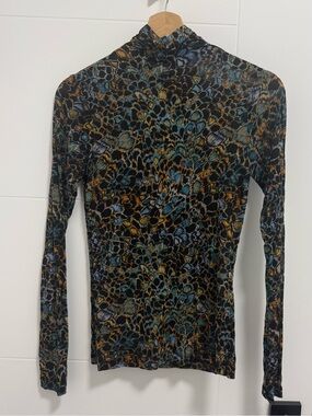 Ulla Johnson Aurelia Stretch Jersey Turtleneck Top- Black with Blue & Gold Print